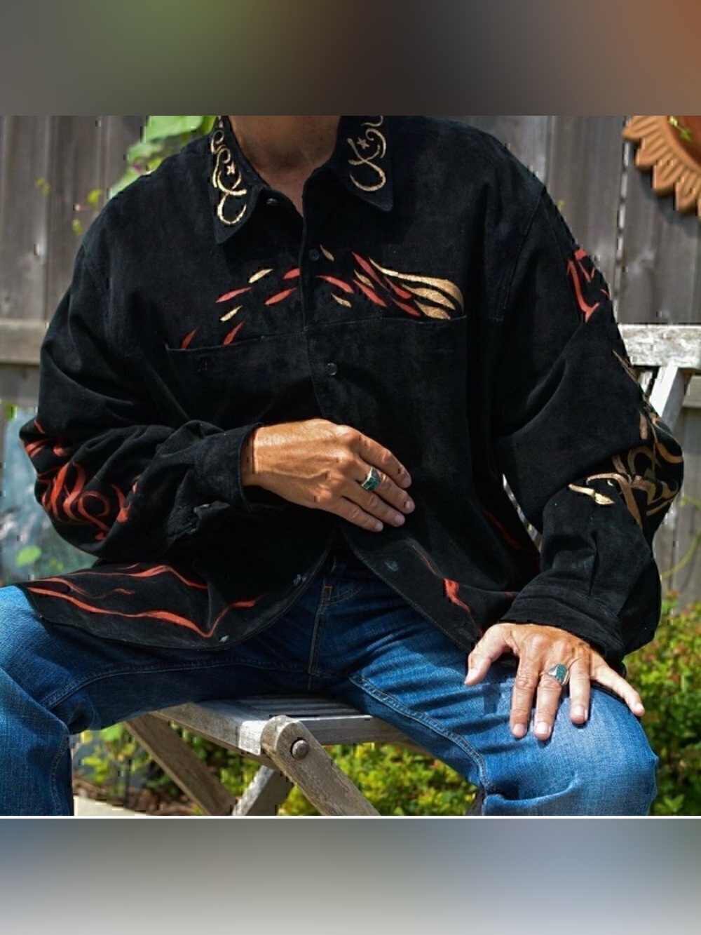 Vintage black suede, over-sized shirt coat distressed vibe, hand painted, wings